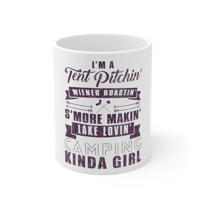 DistinctInk Glossy White Coffee / Tea Mug - Tent Pitchin Weiner Roastin S'More Camping Girl
