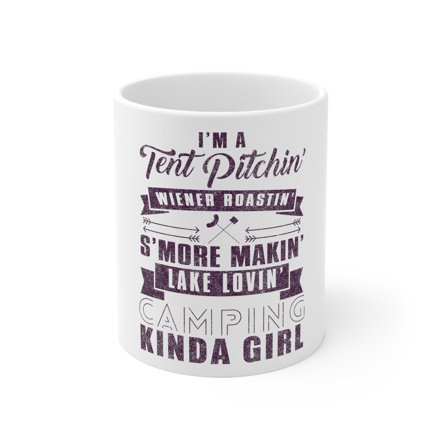 DistinctInk Glossy White Coffee / Tea Mug - Tent Pitchin Weiner Roastin S'More Camping Girl
