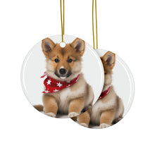 DistinctInk Hanging Ceramic Christmas Tree Ornament with Gold String - Great Gift/Present - 2 3/4 inch Diameter - Icelandic Sheepdog Puppy Design