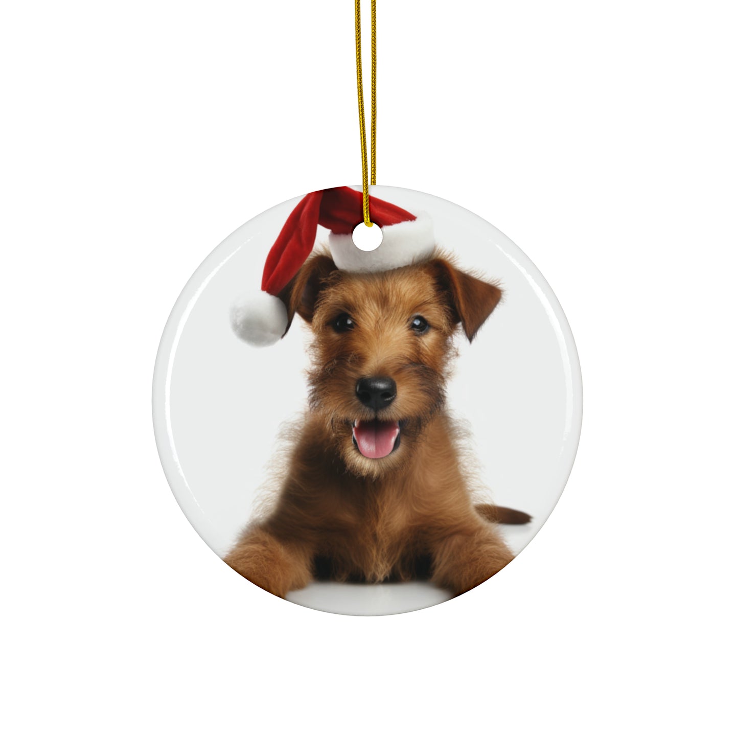DistinctInk Hanging Ceramic Christmas Tree Ornament with Gold String - Great Gift/Present - 2 3/4 inch Diameter - Irish Terrier Puppy Design