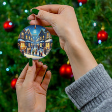 DistinctInk Hanging Ceramic Christmas Tree Ornament Charm with Gold String - Great Gift/Present - 2 3/4 inch Diameter - Festive Streets of Unity