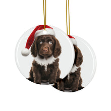 DistinctInk Hanging Ceramic Christmas Tree Ornament with Gold String - Great Gift/Present - 2 3/4 inch Diameter - American Water Spaniel Puppy Design
