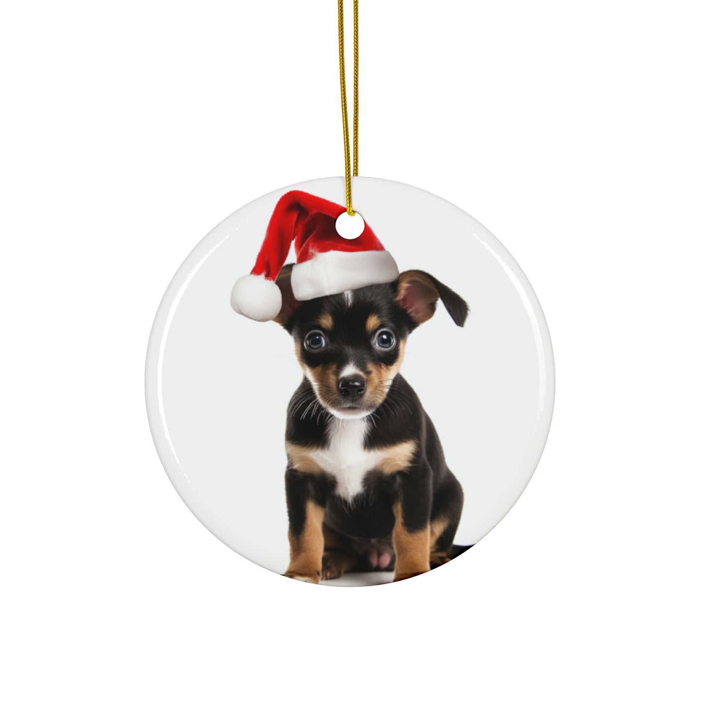 DistinctInk Hanging Ceramic Christmas Tree Ornament with Gold String - Great Gift/Present - 2 3/4 inch Diameter - Rat Terrier Puppy Design