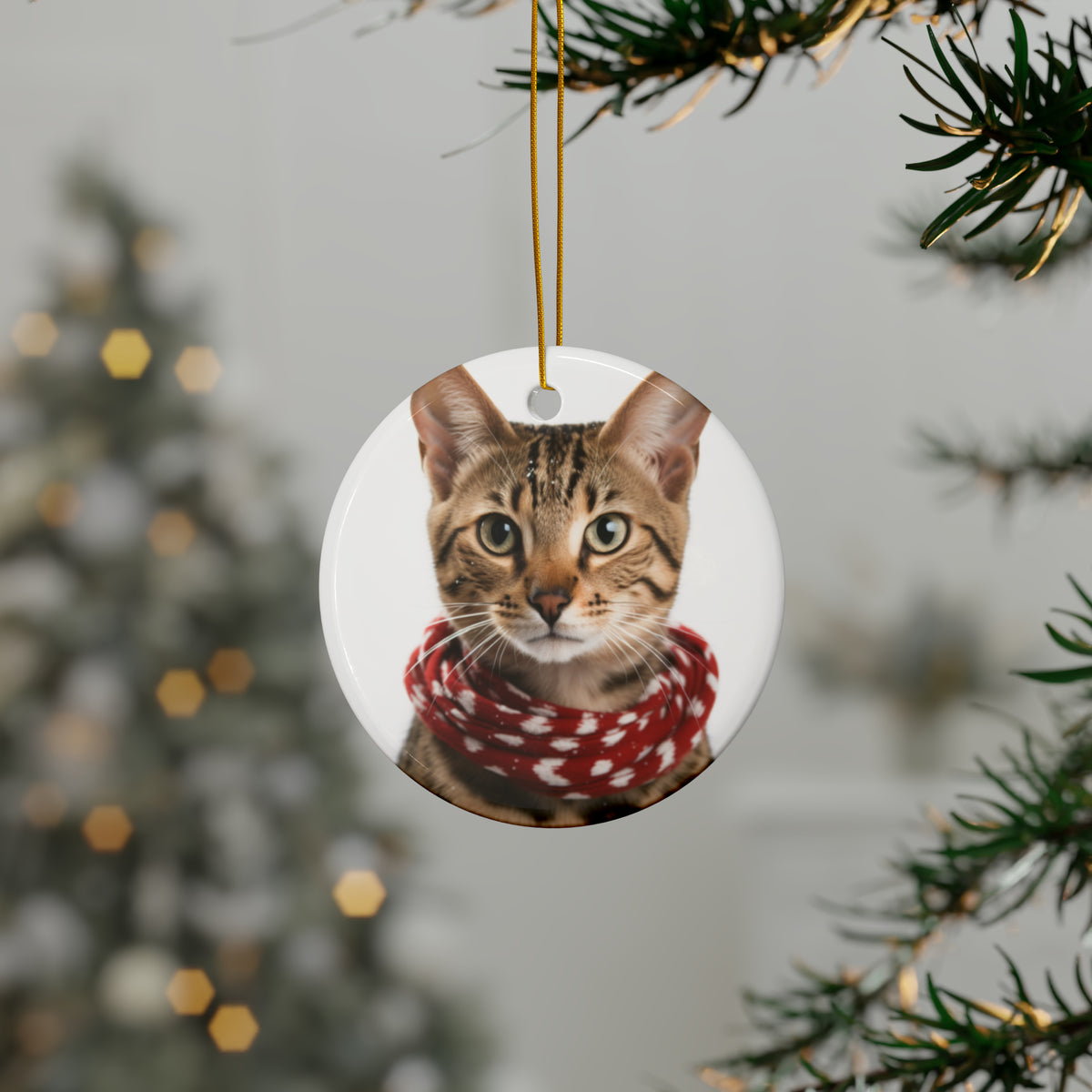 Hanging Ceramic Christmas Tree Ornament with Gold String - Savannah Cat Design, view 3