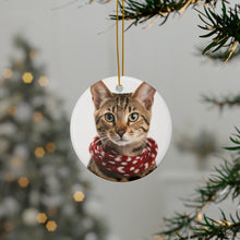 DistinctInk Hanging Ceramic Christmas Tree Ornament with Gold String - Great Gift/Present - 2 3/4 inch Diameter - Savannah Cat Design