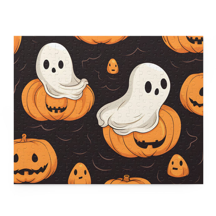DistinctInk Jigsaw Puzzle with Haunted Skeleton Pumpkin Patch Design for Halloween