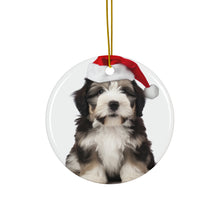 DistinctInk Hanging Ceramic Christmas Tree Ornament with Gold String - Great Gift/Present - 2 3/4 inch Diameter - Polish Lowland Sheepdog Puppy Design