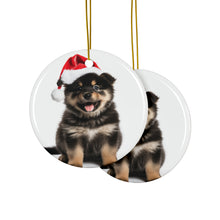 DistinctInk Hanging Ceramic Christmas Tree Ornament with Gold String - Great Gift/Present - 2 3/4 inch Diameter - Finnish Lapphund Puppy Design