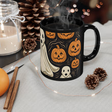 DistinctInk Black Coffee Mug - Ghost Skeleton Pumpkin Pattern for Halloween