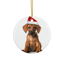DistinctInk Hanging Ceramic Christmas Tree Ornament with Gold String - Great Gift/Present - 2 3/4 inch Diameter - Rhodesian Ridgeback Puppy Design