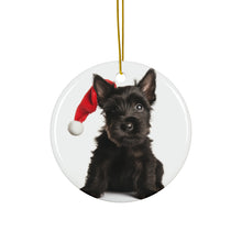 DistinctInk Hanging Ceramic Christmas Tree Ornament with Gold String - Great Gift/Present - 2 3/4 inch Diameter - Scottish Terrier Puppy Design