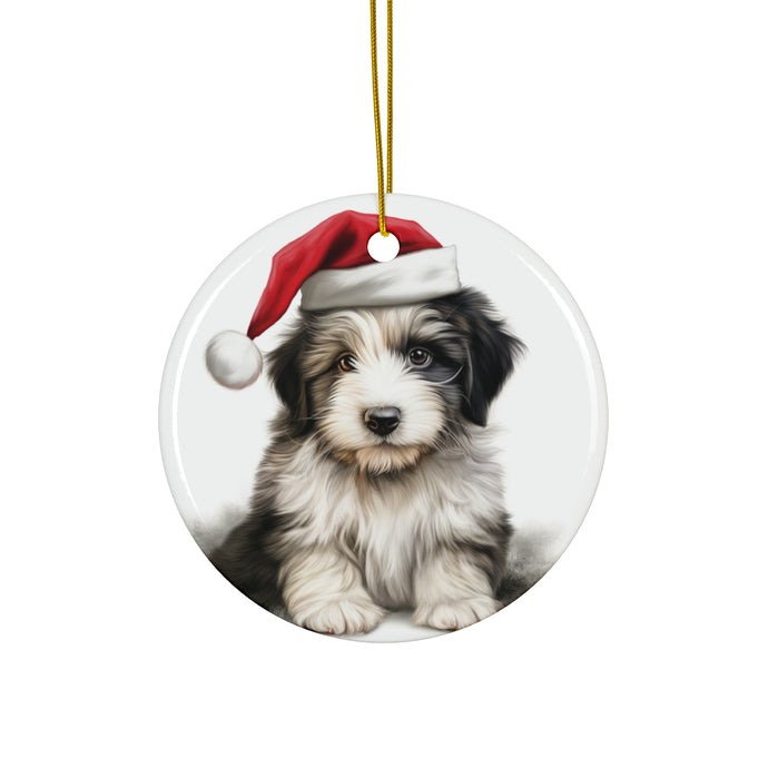 DistinctInk Hanging Ceramic Christmas Tree Ornament with Gold String - Great Gift/Present - 2 3/4 inch Diameter - Polish Lowland Sheepdog Puppy Drawing Design