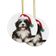 DistinctInk Hanging Ceramic Christmas Tree Ornament with Gold String - Great Gift/Present - 2 3/4 inch Diameter - Havanese Design
