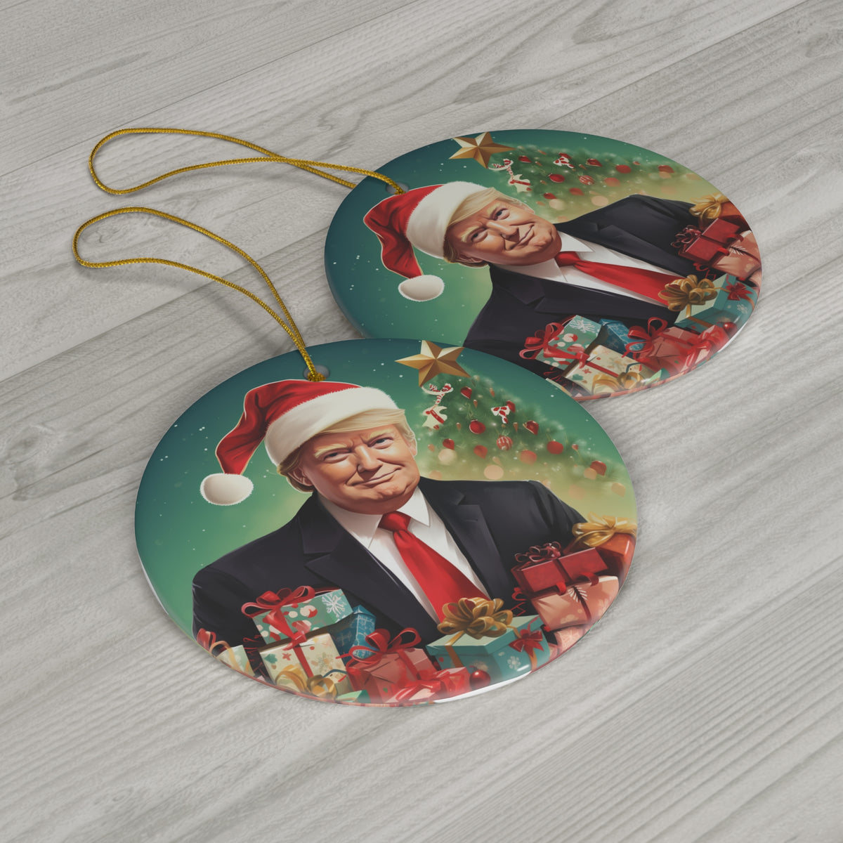 DistinctInk Hanging Ceramic Christmas Tree Ornament Charm with Gold String - Great Gift/Present - 2 3/4 inch Diameter - Trump's Festive Christmas Gifts