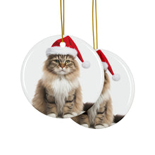 DistinctInk Hanging Ceramic Christmas Tree Ornament with Gold String - Great Gift/Present - 2 3/4 inch Diameter - Siberian Cat Design