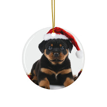 DistinctInk Hanging Ceramic Christmas Tree Ornament with Gold String - Great Gift/Present - 2 3/4 inch Diameter - Rottweiler Puppy Design