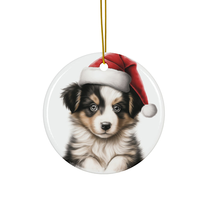 DistinctInk Hanging Ceramic Christmas Tree Ornament with Gold String - Great Gift/Present - 2 3/4 inch Diameter - Collie Puppy Drawing Design