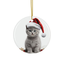 DistinctInk Hanging Ceramic Christmas Tree Ornament with Gold String - Great Gift/Present - 2 3/4 inch Diameter - British Shorthair Kitten Design