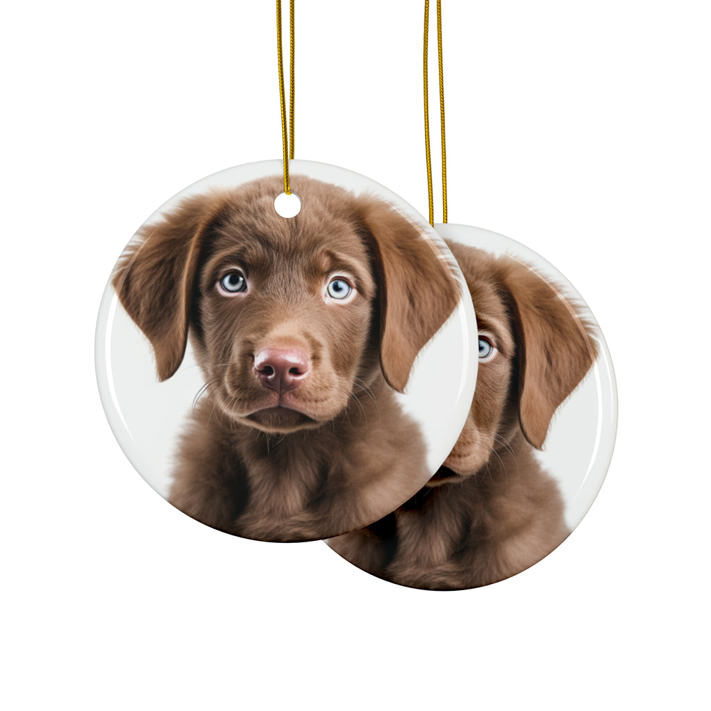 Hanging Ceramic Christmas Tree Ornament with Gold String - Chesapeake Bay Retriever Puppy Design, view 2