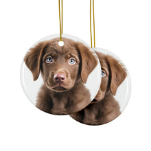 DistinctInk Hanging Ceramic Christmas Tree Ornament with Gold String - Great Gift/Present - 2 3/4 inch Diameter - Chesapeake Bay Retriever Puppy Design