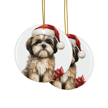 DistinctInk Hanging Ceramic Christmas Tree Ornament with Gold String - Great Gift/Present - 2 3/4 inch Diameter - Lhasa Apso Puppy Drawing Design