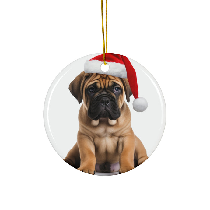 DistinctInk Hanging Ceramic Christmas Tree Ornament with Gold String - Great Gift/Present - 2 3/4 inch Diameter - Boerboel Puppy Design