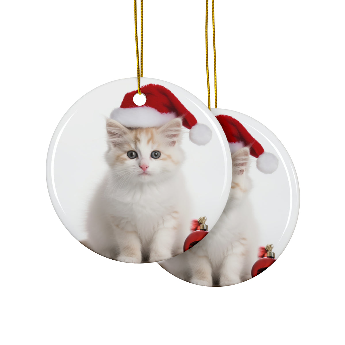 Hanging Ceramic Christmas Tree Ornament with Gold String - Turkish Van Cat Design, view 2