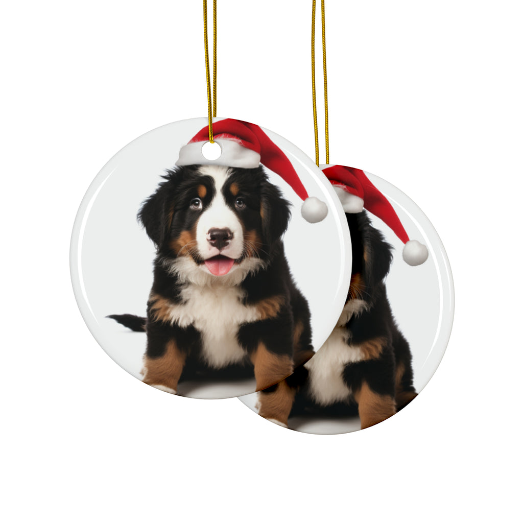 Hanging Ceramic Christmas Tree Ornament with Gold String - Bernese Mountain Dog Puppy Design, view 2