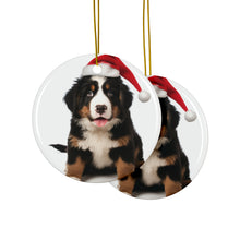DistinctInk Hanging Ceramic Christmas Tree Ornament with Gold String - Great Gift/Present - 2 3/4 inch Diameter - Bernese Mountain Dog Puppy Design