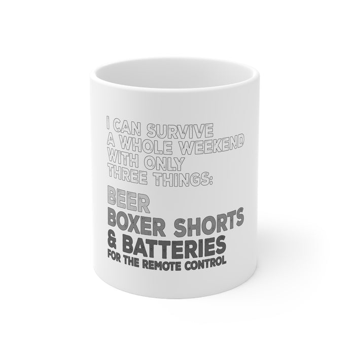 DistinctInk Glossy White Coffee / Tea Mug - Can Survive with Only Beer Boxers Batteries