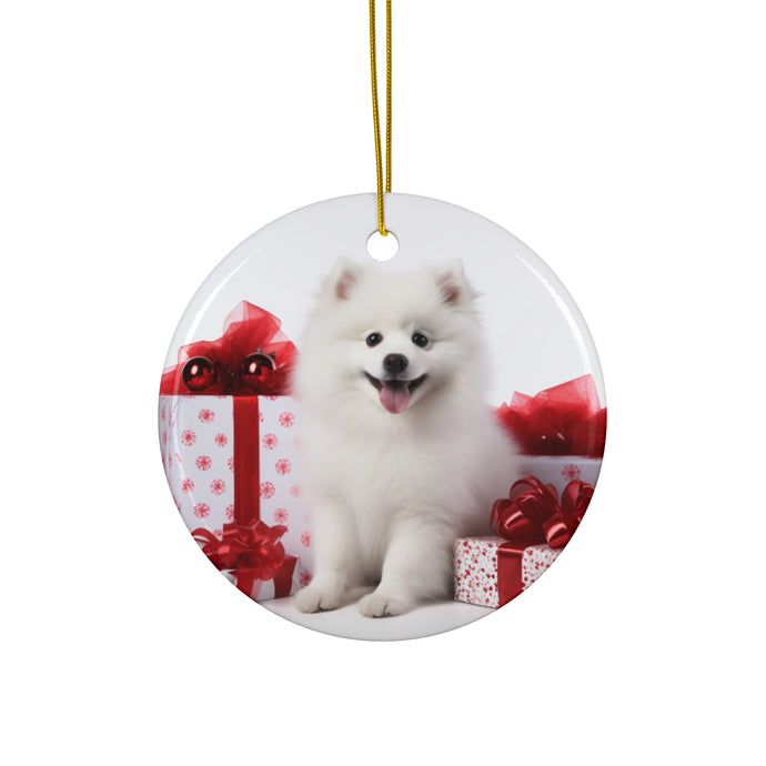 DistinctInk Hanging Ceramic Christmas Tree Ornament with Gold String - Great Gift/Present - 2 3/4 inch Diameter - American Eskimo Dog Puppy Design