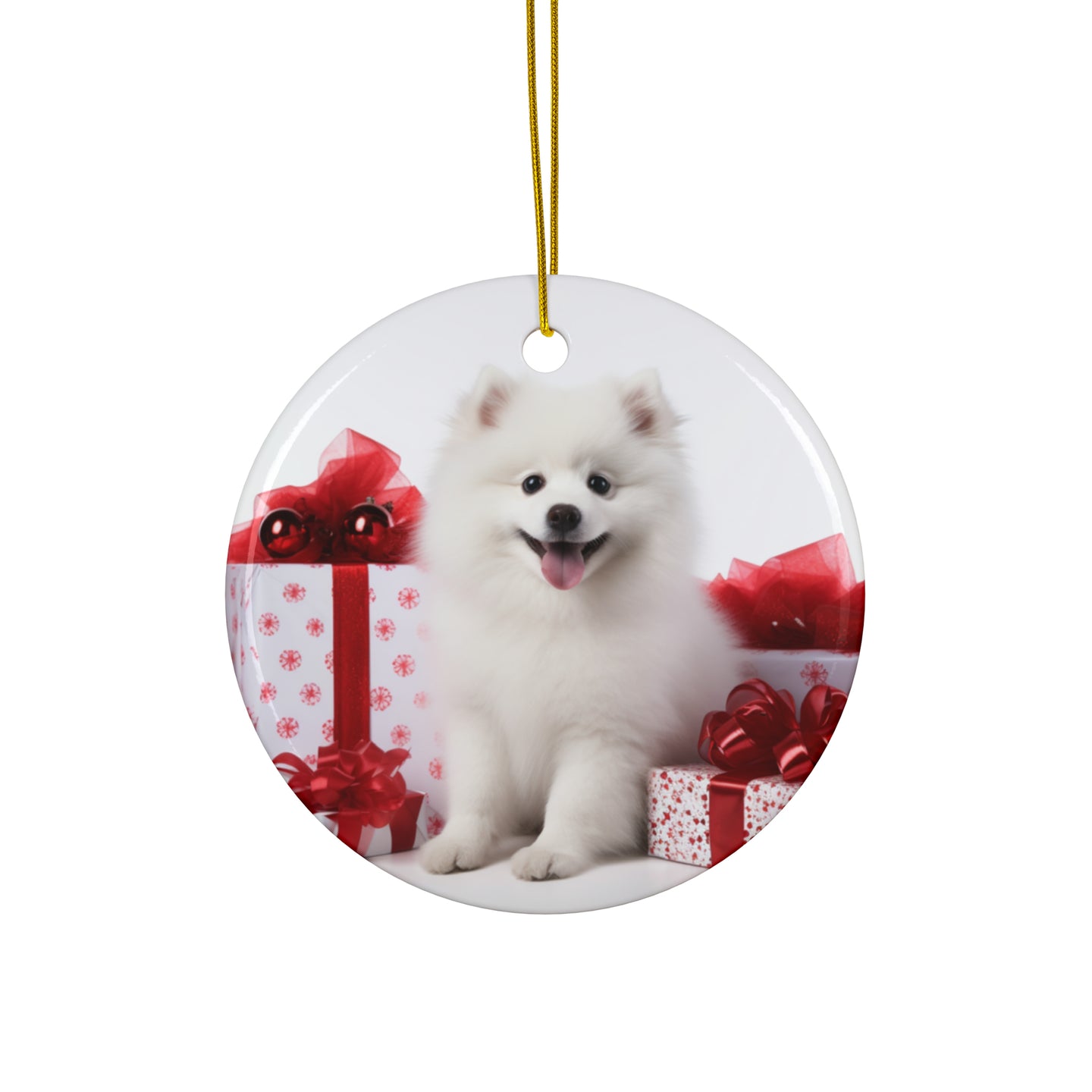 DistinctInk Hanging Ceramic Christmas Tree Ornament with Gold String - Great Gift/Present - 2 3/4 inch Diameter - American Eskimo Dog Puppy Design