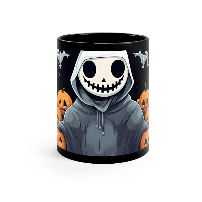 DistinctInk Black Coffee Mug - Skeleton Ghost and Pumpkin for Halloween