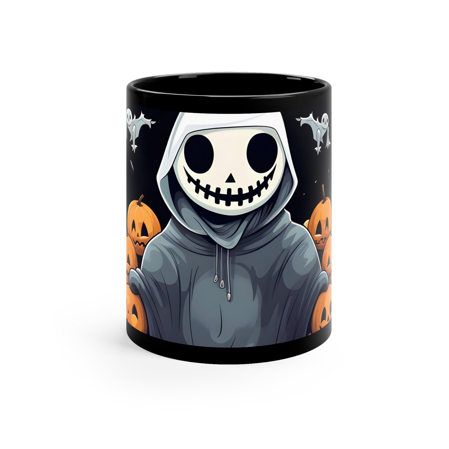 DistinctInk Black Coffee Mug - Skeleton Ghost and Pumpkin for Halloween