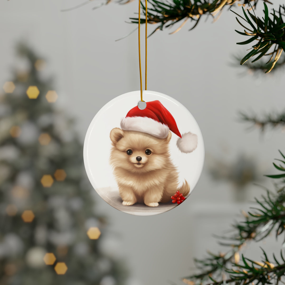 Hanging Ceramic Christmas Tree Ornament with Gold String - Pomeranian Puppy Drawing Design, view 3