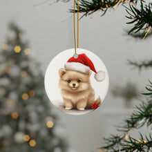 DistinctInk Hanging Ceramic Christmas Tree Ornament with Gold String - Great Gift/Present - 2 3/4 inch Diameter - Pomeranian Puppy Drawing Design
