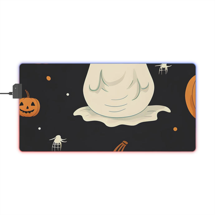 DistinctInk LED Gaming Mouse Pad with Spooky Skeleton Pumpkin Patch Design for Halloween