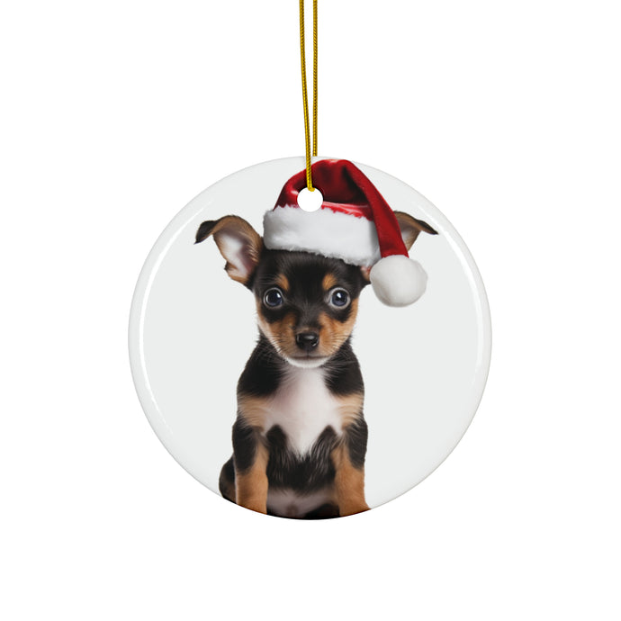 DistinctInk Hanging Ceramic Christmas Tree Ornament with Gold String - Great Gift/Present - 2 3/4 inch Diameter - Toy Fox Terrier Puppy Design