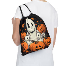 DistinctInk Drawstring Bag Backpack with Ghost Skeleton Pumpkin Pattern Design for Halloween