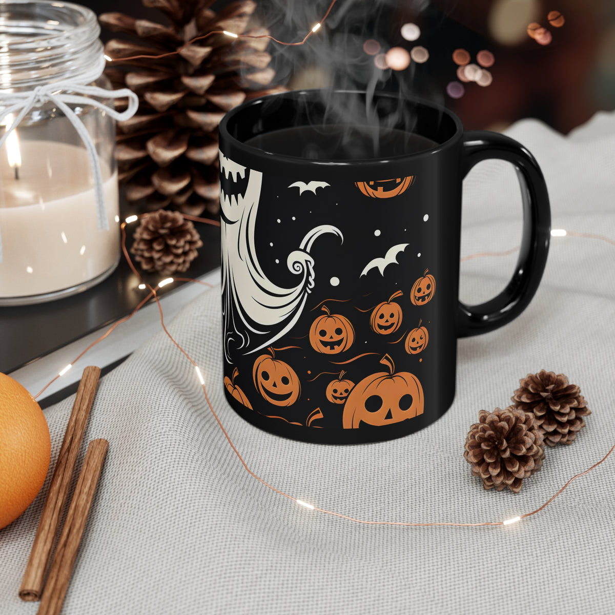 Black Coffee Mug - Ghost Skeleton Cartoon Pumpkins for Halloween, view 4