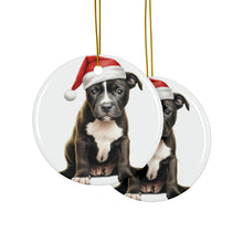DistinctInk Hanging Ceramic Christmas Tree Ornament with Gold String - Great Gift/Present - 2 3/4 inch Diameter - Staffordshire Bull Terrier Puppy Drawing Design