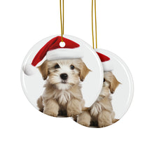 DistinctInk Hanging Ceramic Christmas Tree Ornament with Gold String - Great Gift/Present - 2 3/4 inch Diameter - Dandie Dinmont Terrier Puppy Design