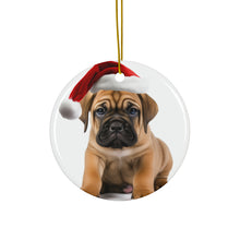 DistinctInk Hanging Ceramic Christmas Tree Ornament with Gold String - Great Gift/Present - 2 3/4 inch Diameter - Bullmastiff Puppy Design