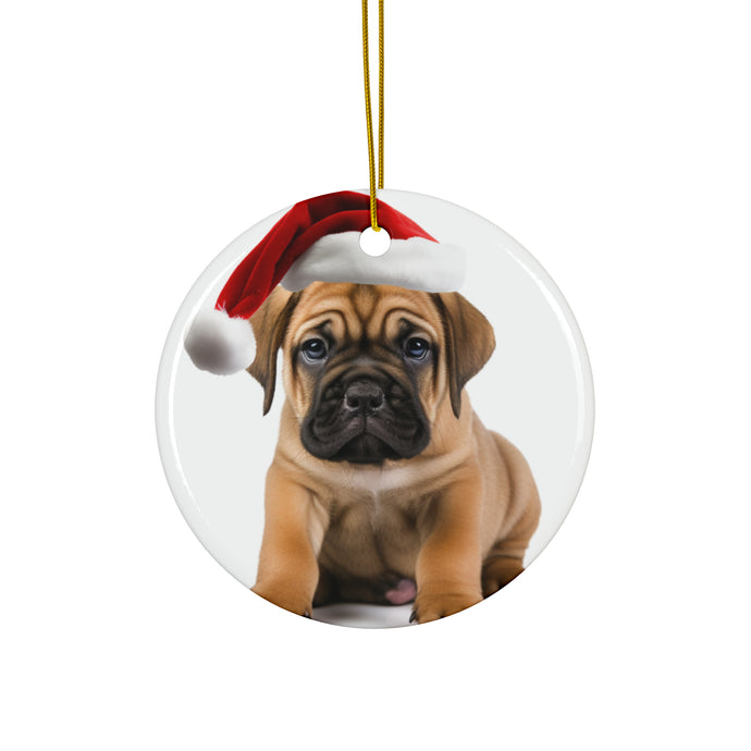 DistinctInk Hanging Ceramic Christmas Tree Ornament with Gold String - Great Gift/Present - 2 3/4 inch Diameter - Bullmastiff Puppy Design