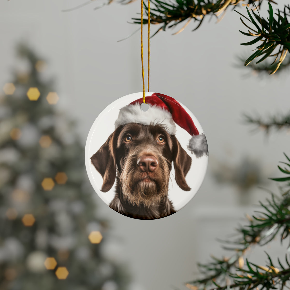Hanging Ceramic Christmas Tree Ornament with Gold String - German Wirehaired Pointer Design, view 3