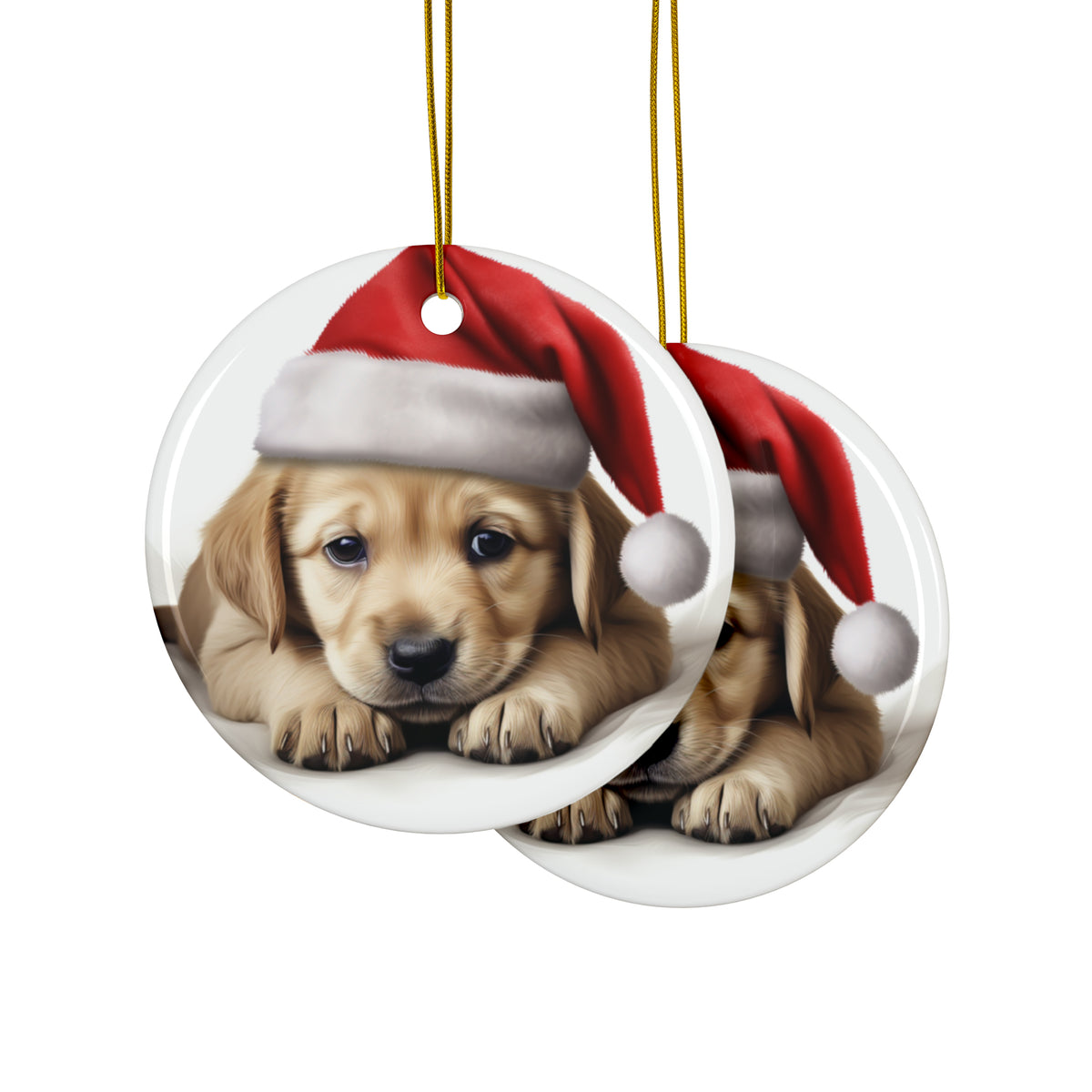 Hanging Ceramic Christmas Tree Ornament with Gold String - Pulik Puppy Design, view 2