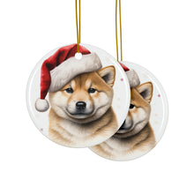 DistinctInk Hanging Ceramic Christmas Tree Ornament with Gold String - Great Gift/Present - 2 3/4 inch Diameter - Shiba Inu Puppy Drawing Design