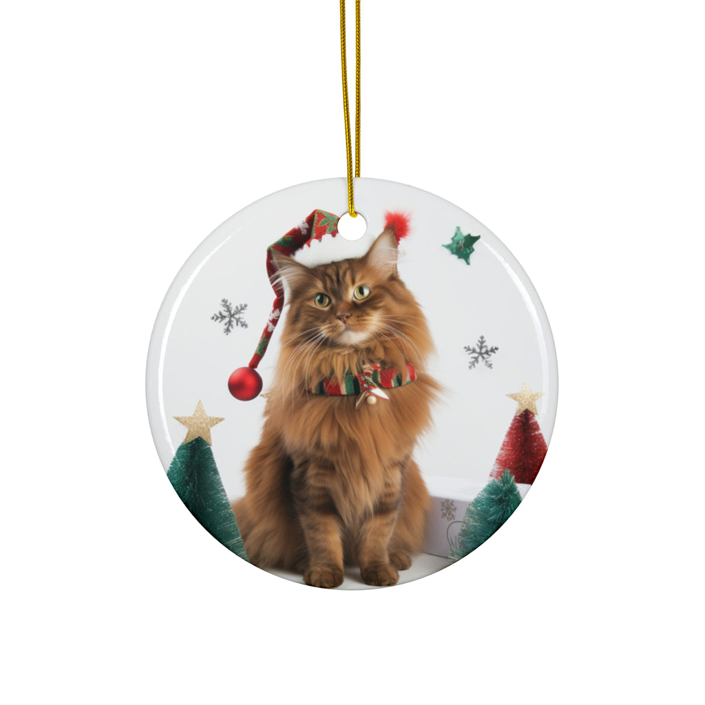 Hanging Ceramic Christmas Tree Ornament with Gold String - Somali Cat Design
