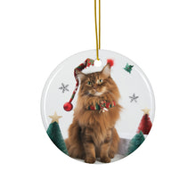 DistinctInk Hanging Ceramic Christmas Tree Ornament with Gold String - Great Gift/Present - 2 3/4 inch Diameter - Somali Cat Design