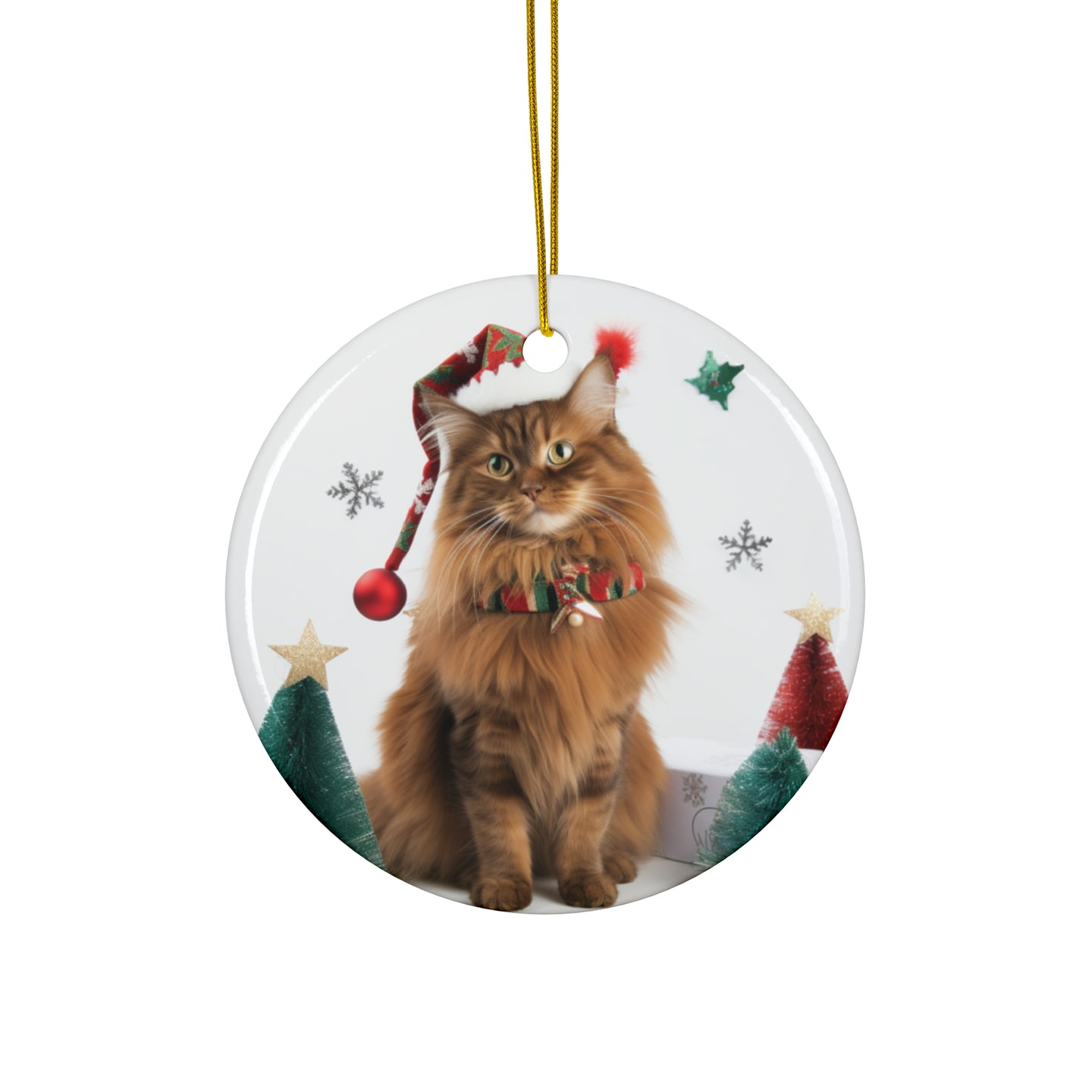 DistinctInk Hanging Ceramic Christmas Tree Ornament with Gold String - Great Gift/Present - 2 3/4 inch Diameter - Somali Cat Design